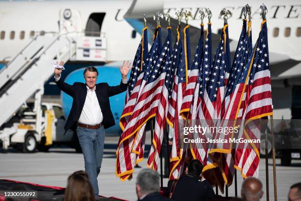 Sen. David Purdue arrives at a rally with Vice President Mike Pence in support of himself and Sen. Kelly Loeffler on December 10, 2020 in Augusta,...