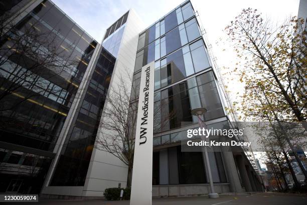 Sign outside the UW Medicine Research facilities in South Lake Union on December 10, 2020 in Seattle, Washington. The Univeristy of Washington School...