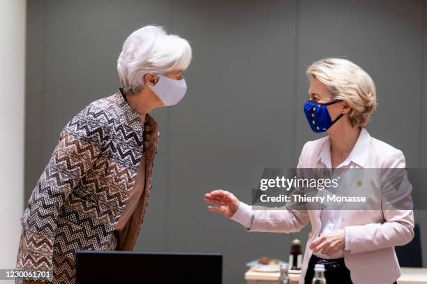 President of the European Central Bank Christine Lagarde is talking with the President of the European Commission Ursula von der Leyen before the...