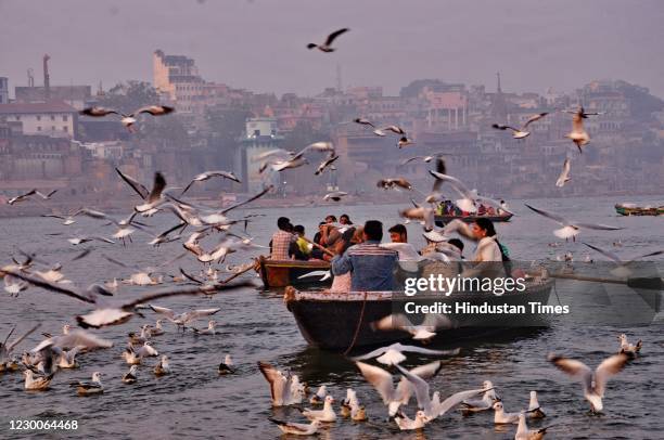 Flock of Seagulls seen flying over Ganga river, on December 10, 2020 in Varanasi, India.