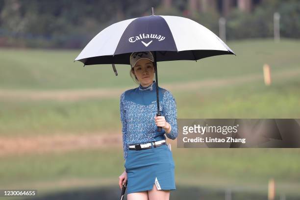 Volvo China Open's first female player Zhang Jienalin of China looks on during the second round of Volvo China Open 2020 at Genzon Golf Club on...