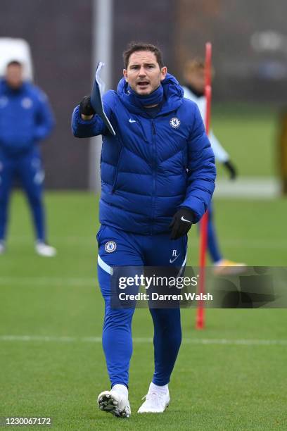 Frank Lampard of Chelsea during a training session ahead of the Premier League match against Everton at Chelsea Training Ground on December 11, 2020...