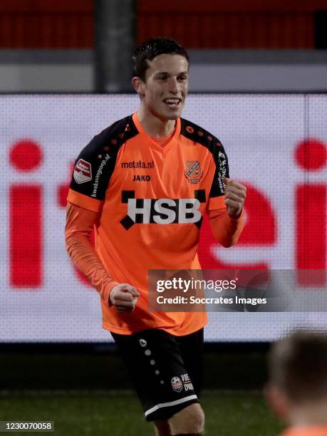 Nick Doodeman of FC Volendam celebrates 3-0 during the Dutch Keuken Kampioen Divisie match between FC Volendam v FC Den Bosch at the Kras Stadium on...