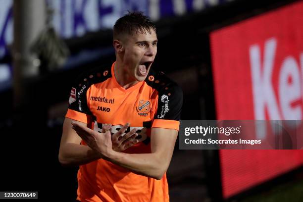 Micky van de Ven of FC Volendam celebrates 6-0 during the Dutch Keuken Kampioen Divisie match between FC Volendam v FC Den Bosch at the Kras Stadium...