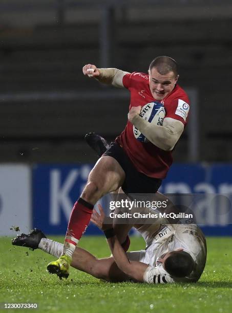 Jacob Stockdale of Ulster and Thomas Ramos of Toulouse during the Heineken Cup Pool B game between Ulster and Toulouse at Kingspan Stadium on...