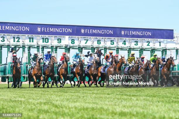 The field jumps from the barriers in the Brew Stayers Trophy at Flemington Racecourse on December 12, 2020 in Flemington, Australia.