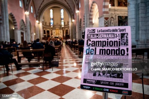 This picture taken on December 12, 2020 shows the front page of 'La Gazzetta dello Sport' dedicated to the victory of Italy in 1982 football World...