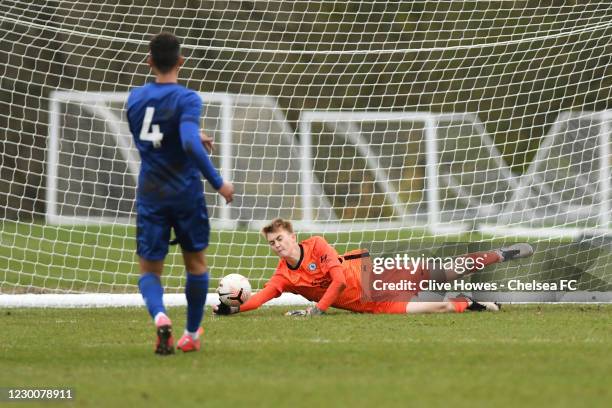 Lucas Bergstrom of Chelsea makes a save during the Fulham v Chelsea U18 Premier League at the LSE training ground on December 12, 2020 in New Malden,...