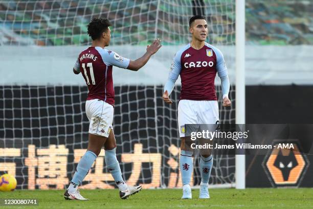 Anwar El Ghazi of Aston Villa celebrates after scoring a goal to make it 0-1 during the Premier League match between Wolverhampton Wanderers and...