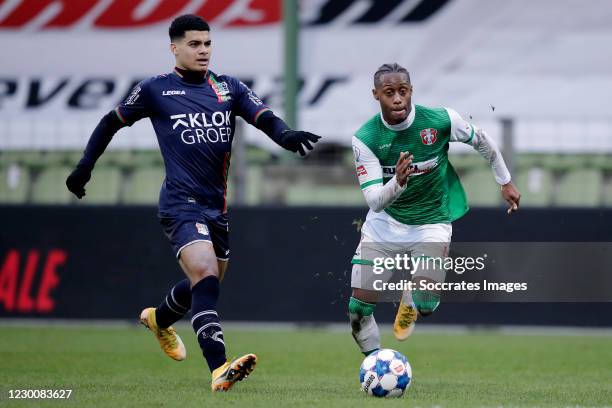 Elayis Tavsan of NEC, Gianni dos Santos of FC Dordrecht during the Dutch Keuken Kampioen Divisie match between FC Dordrecht v NEC Nijmegen at the...