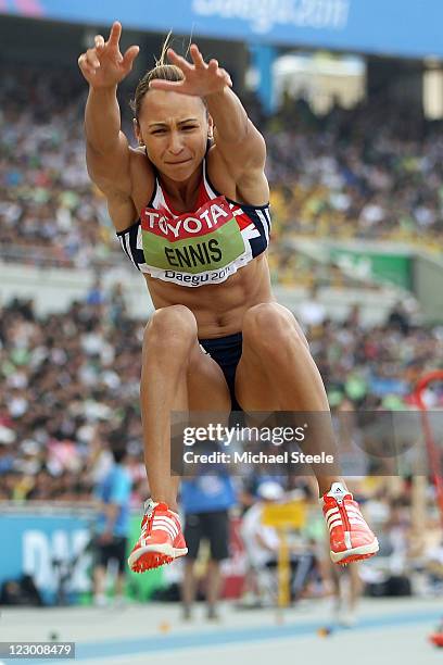 Jessica Ennis of Great Britain competes in the long jump in the women's heptathlon during day four of the 13th IAAF World Athletics Championships at...