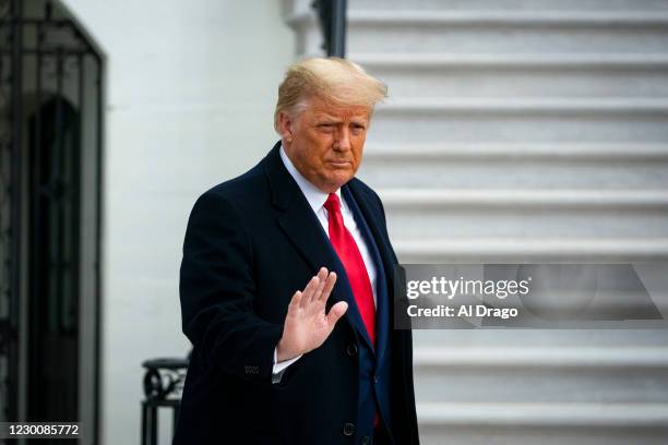 President Donald Trump waves as he departs on the South Lawn of the White House, on December 12, 2020 in Washington, DC. Trump is traveling to the...