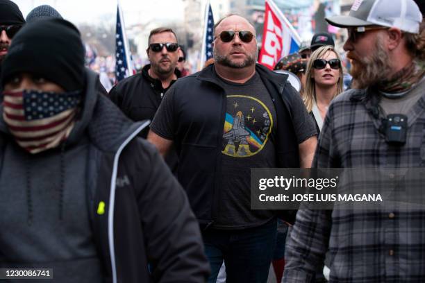 Far-right radio show Alex Jones joins supporters of US President Donald Trump as they demonstrate in Washington, DC, on December 12 to protest the...