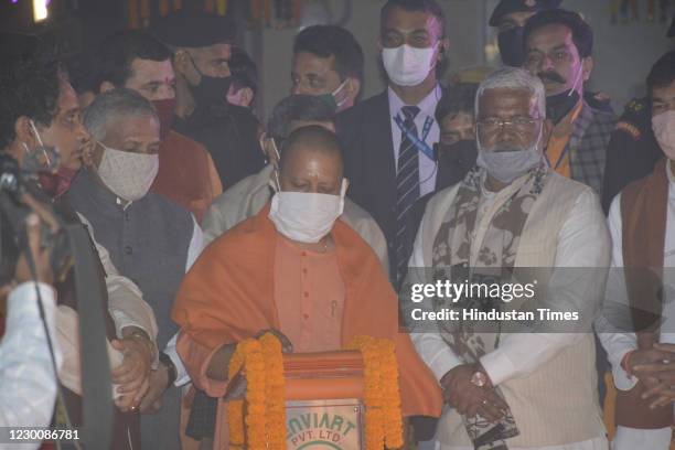 Uttar Pradesh Chief Minister Yogi Adityanath at the inauguration of Kailash Mansarovar Bhawan at Indirapuram, on December 12, 2020 in Ghaziabad,...