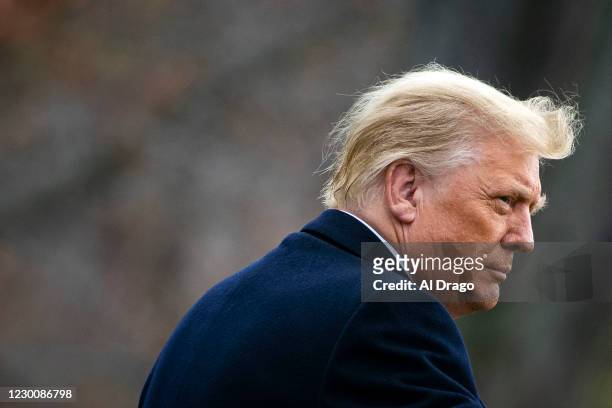 President Donald Trump departs on the South Lawn of the White House, on December 12, 2020 in Washington, DC. Trump is traveling to the Army versus...