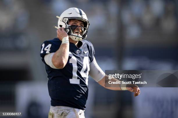 Sean Clifford of the Penn State Nittany Lions reacts after scoring a touchdown against the Michigan State Spartans during the first half at Beaver...