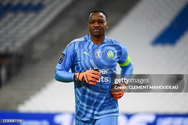 Marseille's French goalkeeper Steve Mandanda is seen during the French L1 football match between Olympique de Marseille and AS Monaco at the...