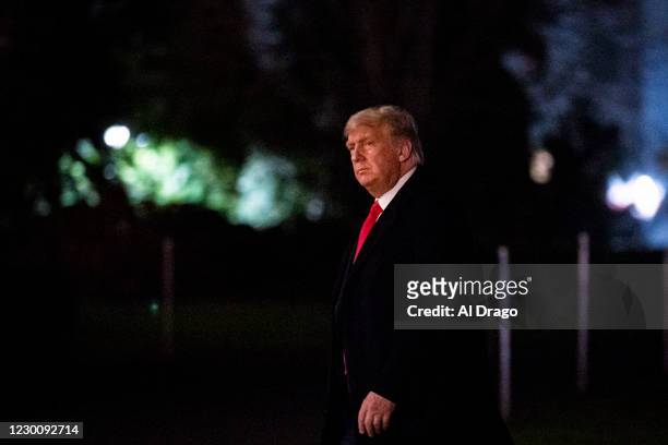 President Donald Trump arrives on the South Lawn of the White House, on December 12, 2020 in Washington, DC. Trump traveled to the Army versus Navy...