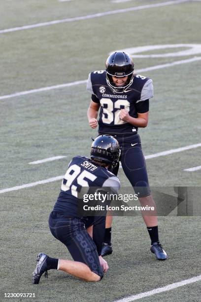 Vanderbilt Commodores place kicker Sarah Fuller celebrates making an extra point attempt to become the first female to score a point for a power five...