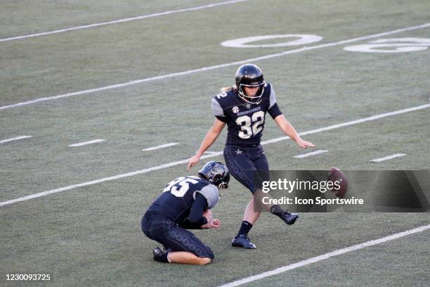 Vanderbilt Commodores place kicker Sarah Fuller kicks an extra point to become the first female to score a point for a power five conference team...