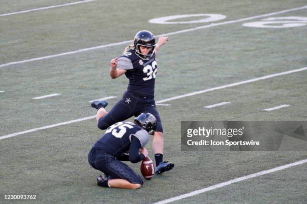 Vanderbilt Commodores place kicker Sarah Fuller kicks an extra point to become the first female to score a point for a power five conference team...