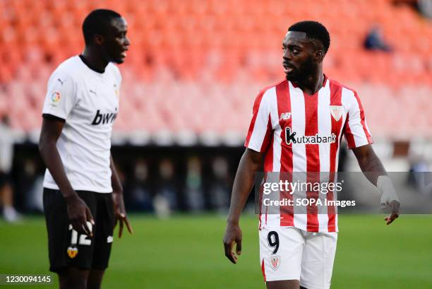 Mouctar Diakhabi of Valencia and Inaki Williams of Atletic de Bilbao during the Spanish La Liga football match between Valencia and Atletic de Bilbao...