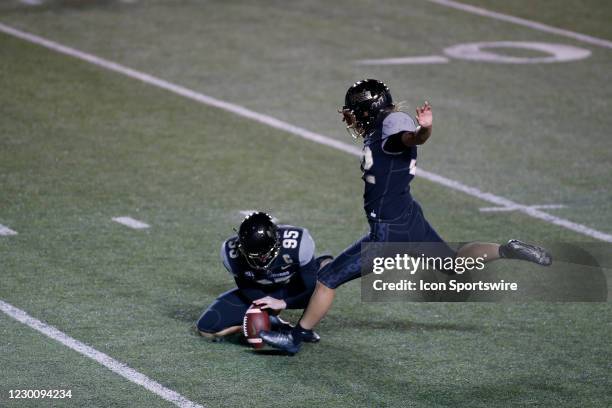 Vanderbilt Commodores place kicker Sarah Fuller kicks her second successful point after attempt during a game between the Vanderbilt Commodores and...