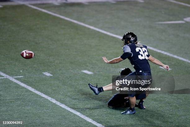 Vanderbilt Commodores place kicker Sarah Fuller kicks her second successful point after attempt during a game between the Vanderbilt Commodores and...