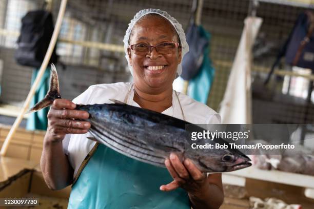 Jemma Harris working in the fish market at Bridgetown, Barbados, 19th November 2018.