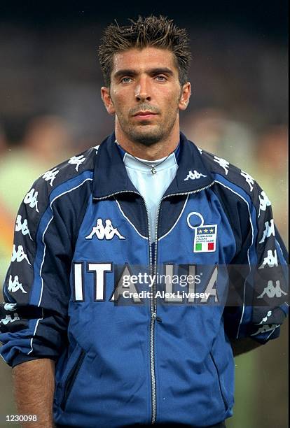 Portrait of Italy keeper Gianluigi Buffon lining up for the European Championship qualifier against Denmark at the San Paolo Stadium in Naples,...