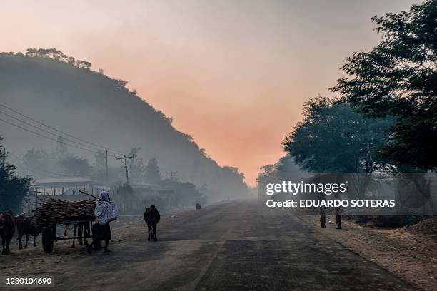 People and animals walk on a road in a rural area in Amhara region, Ethiopia, on December 13, 2020.