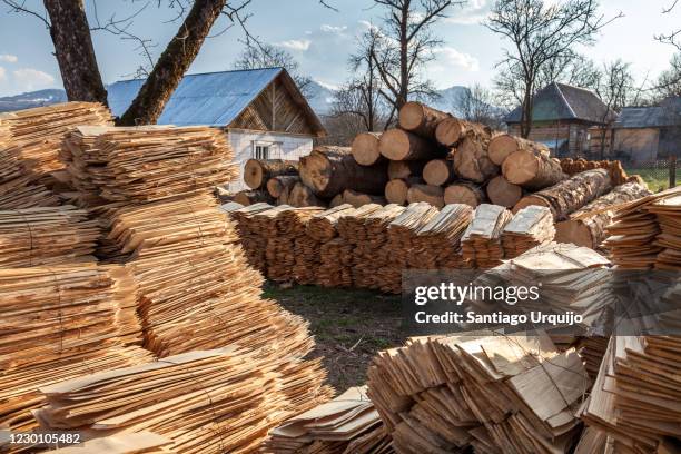 wooden planks and tree logs on a sawmill - maramureș stock pictures, royalty-free photos & images