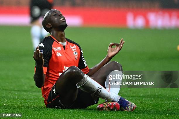 Lorients French forward Yoane Wissa celebrates after scoring a goal during the French L1 football match between FC Lorient and Nimes Olympique, at...