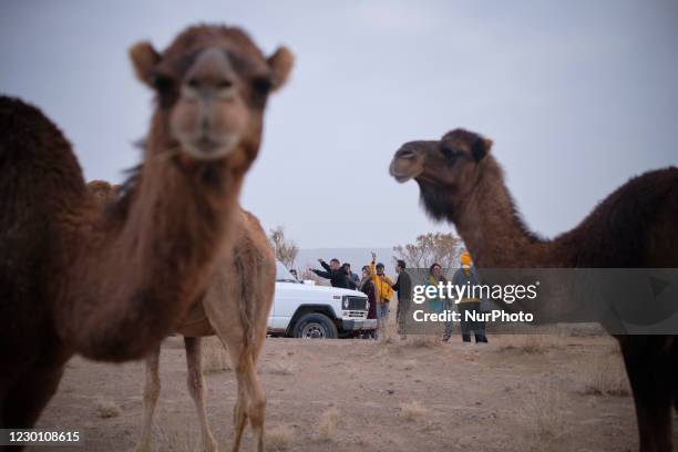 Iranian youth stand next to an off-road vehicle which is stoped on an area in Khatabshekan desert in Aran-va-Bidgol county in Isfahan province about...