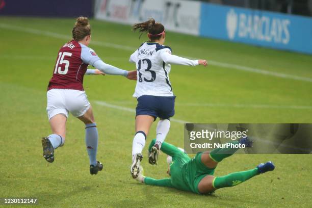 Alex Morgan and Lisa Weiß battle for the ball during the 2020-21 FA Womens Super League fixture between Tottenham Hotspur and Aston Villa FC at The...