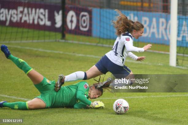 Angela Addison and Lisa Weiß battle for the ball during the 2020-21 FA Womens Super League fixture between Tottenham Hotspur and Aston Villa FC at...