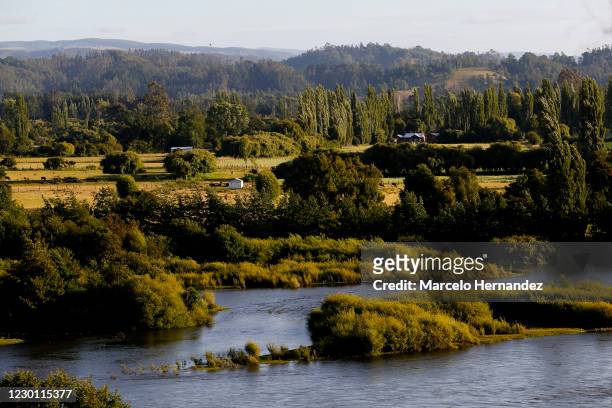 General view of the countryside with the Tolten river before the total eclipse on December 13, 2020 in Teodoro Schmidt, Chile. The only total Solar...