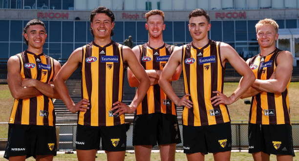 Hawthorn draftee Tyler Brockman, Connor Downie, Denver Grainger-Barras, Seamus Mitchell and Jack Saunders pose for a photograph during a Hawthorn...