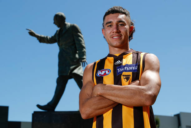 Hawthorn draftee Tyler Brockman poses for a photograph during a Hawthorn Hawks AFL media opportunity at Waverley Park on December 14, 2020 in...