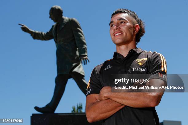 Hawthorn draftee Tyler Brockman poses for a photograph during a Hawthorn Hawks AFL media opportunity at Waverley Park on December 14, 2020 in...