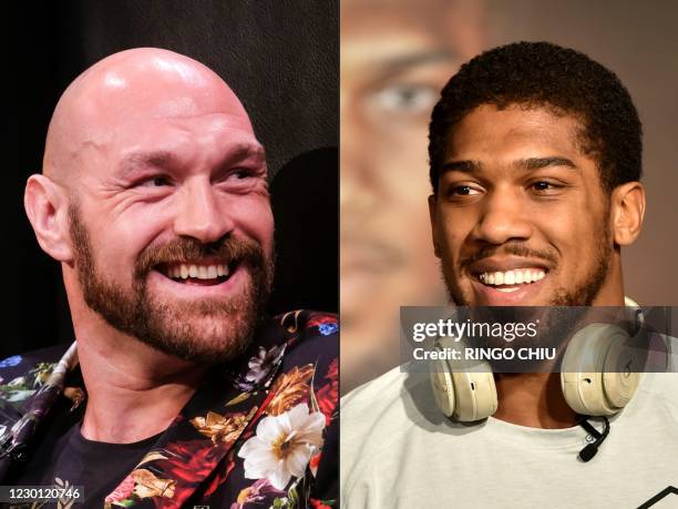 This combination of pictures created on December 14, 2020 shows Boxer Tyson Fury during a press conference in Los Angeles, California on January 25...