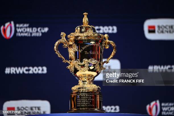 The Rugby Union World Cup trophy, the Webb Ellis Cup, is pictured is pictured on December 14, 2020 in Paris during a press conference following the...
