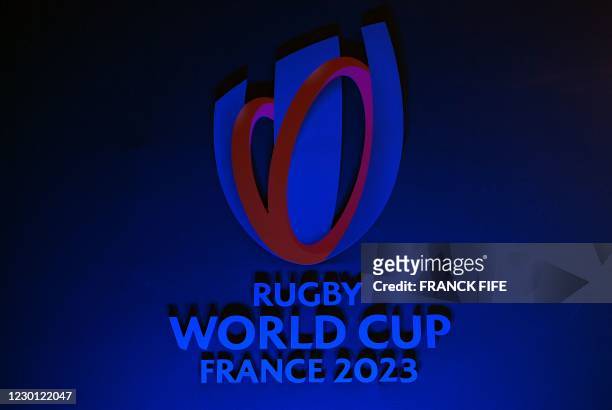 The logo of the 2023 Rugby World Cup in France is pictured during a press conference on December 14, 2020 in Paris following the 2023 Rugby Union...