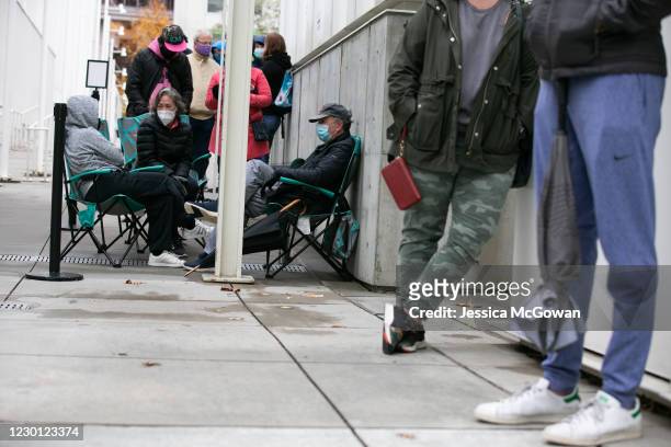 Voters Petra, Jill and Michael von Grey line up for the first day of early voting outside of the High Museum polling station on December 14, 2020 in...