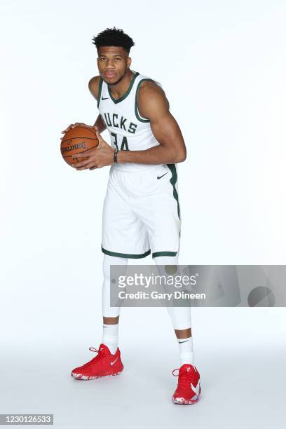 Giannis Antetokounmpo of the Milwaukee Bucks poses for a portrait during NBA content day on December 11, 2020 at the Fiserv Forum Center in...