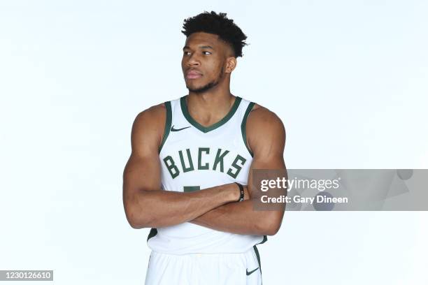 Giannis Antetokounmpo of the Milwaukee Bucks poses for a portrait during NBA content day on December 11, 2020 at the Fiserv Forum Center in...