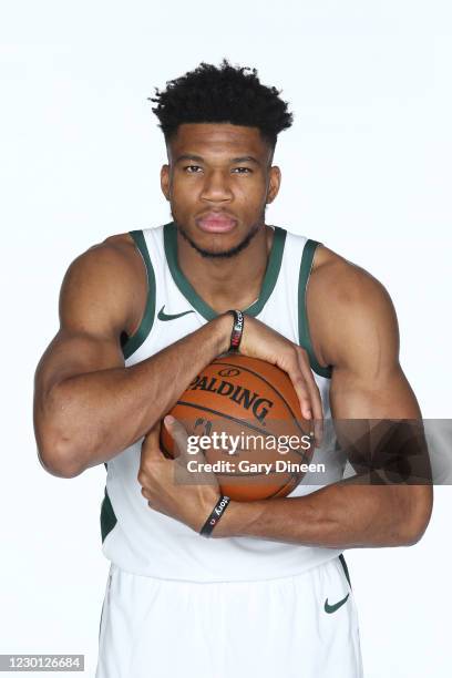 Giannis Antetokounmpo of the Milwaukee Bucks poses for a portrait during NBA content day on December 11, 2020 at the Fiserv Forum Center in...