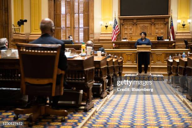 Stacey Abrams, former state Representative from Georgia, speaks before members of the Electoral College cast their votes at the Georgia State Capitol...