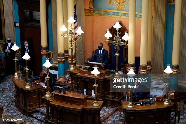 Michigan Lt. Gov. Garlin Gilchrist opens the state's electoral college session at the state Capitol on December 14, 2020 in Lansing, Michigan....