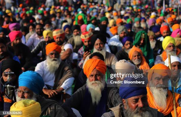 Farmers gather at a protest site on the Delhi-Haryana border crossing in Singhu, Delhi, India, on Monday, Dec. 14, 2020. Hundreds of thousands of...